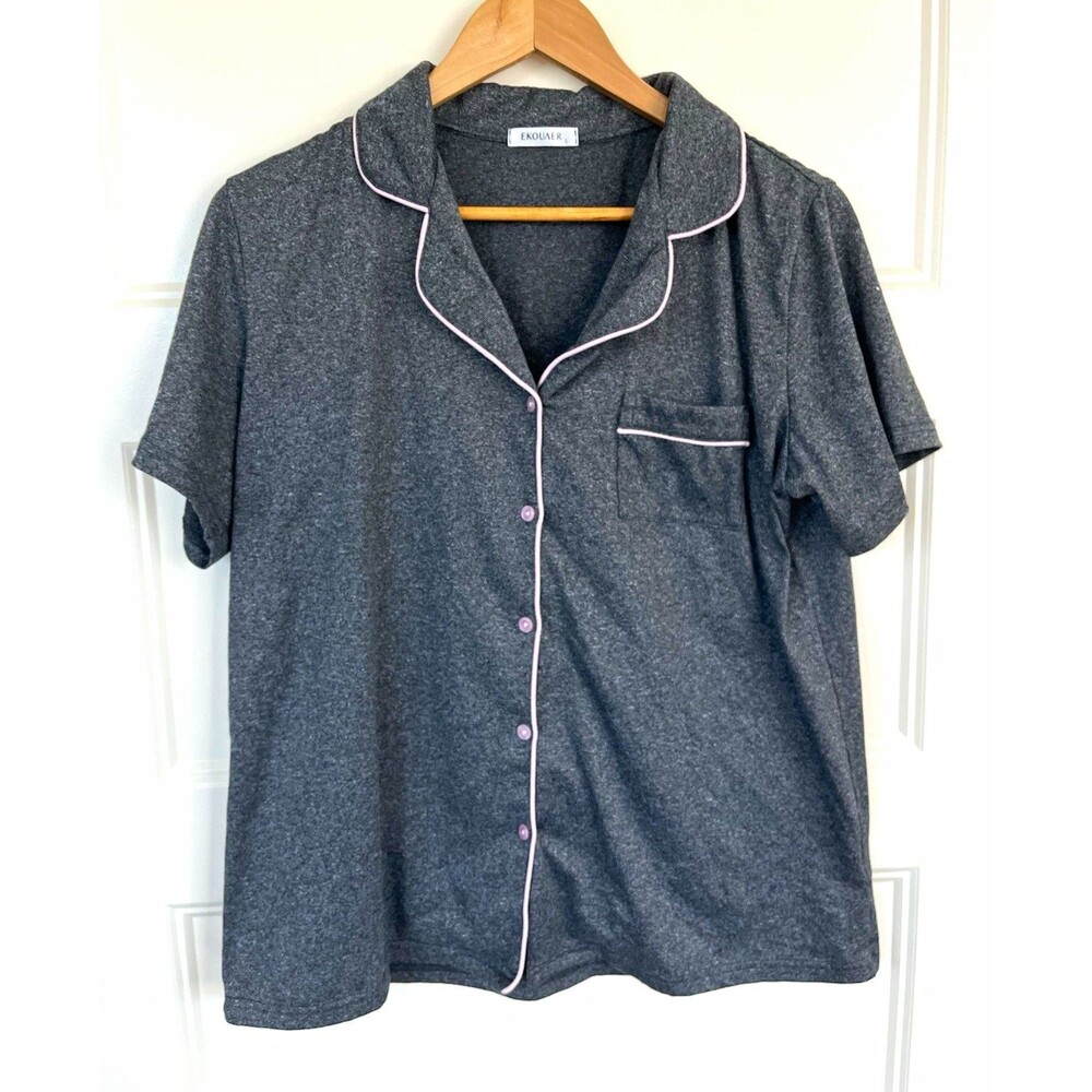 Ekouaer Classic Short Sleeve Pajama Top Grey Pink Piping Soft Sleep Shirt Cozy L